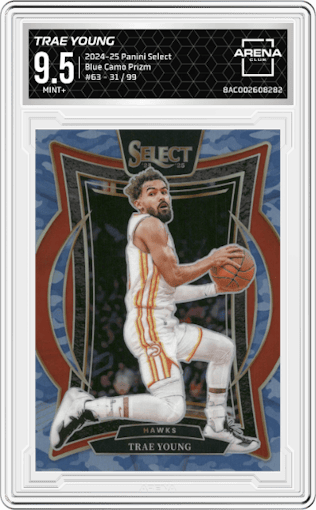 Trae Young from the 2024-25 Panini Select set featuring a Blue Camo Prizm parallel graded by Arena Club and given an overall grade of 9.5.