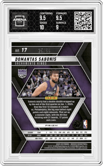 Domantas Sabonis from the 2024-25 Panini Mosaic set featuring a Purple Mosaic  parallel graded by Arena Club and given an overall grade of 9.5.