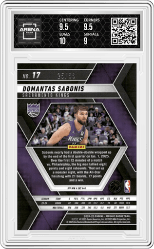Domantas Sabonis from the 2024-25 Panini Mosaic set featuring a Purple Mosaic  parallel graded by Arena Club and given an overall grade of 9.5.