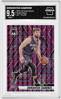 Domantas Sabonis from the 2024-25 Panini Mosaic set featuring a Purple Mosaic  parallel graded by Arena Club and given an overall grade of 9.5.