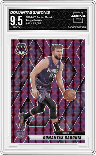 Domantas Sabonis from the 2024-25 Panini Mosaic set featuring a Purple Mosaic  parallel graded by Arena Club and given an overall grade of 9.5.