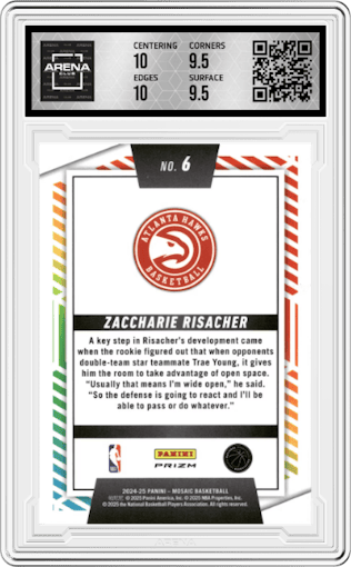 Zaccharie Risacher from the 2024-25 Panini Mosaic set graded by Arena Club and given an overall grade of 10.