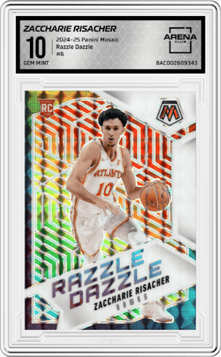 Zaccharie Risacher from the 2024-25 Panini Mosaic set graded by Arena Club and given an overall grade of 10.