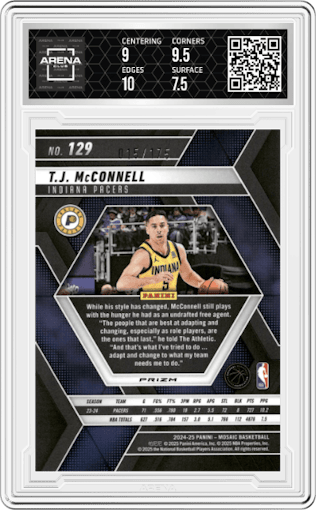 T.J. McConnell from the 2024-25 Panini Mosaic set featuring a Pink Mosaic parallel graded by Arena Club and given an overall grade of 8.