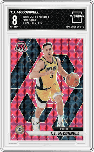 T.J. McConnell from the 2024-25 Panini Mosaic set featuring a Pink Mosaic parallel graded by Arena Club and given an overall grade of 8.