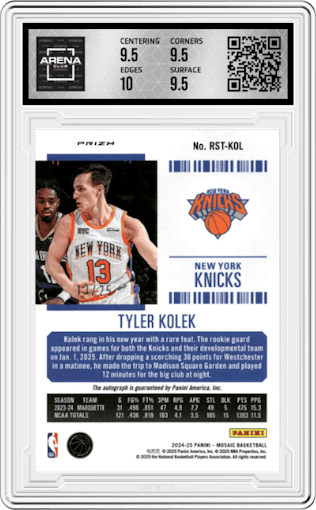 Tyler Kolek from the 2024-25 Panini Mosaic set featuring a Mosaic White parallel graded by Arena Club and given an overall grade of 10.