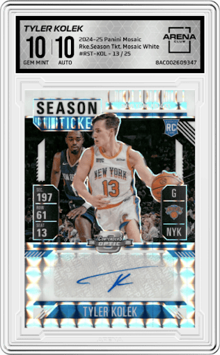 Tyler Kolek from the 2024-25 Panini Mosaic set featuring a Mosaic White parallel graded by Arena Club and given an overall grade of 10.