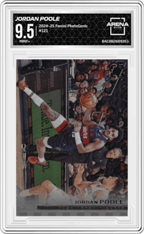 Jordan Poole from the 2024-25 Panini PhotoGenic set graded by Arena Club and given an overall grade of 9.5.