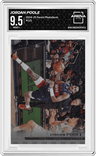 Jordan Poole from the 2024-25 Panini PhotoGenic set graded by Arena Club and given an overall grade of 9.5.