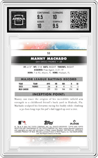 Manny Machado from the 2024 Topps Inception set graded by Arena Club and given an overall grade of 10.
