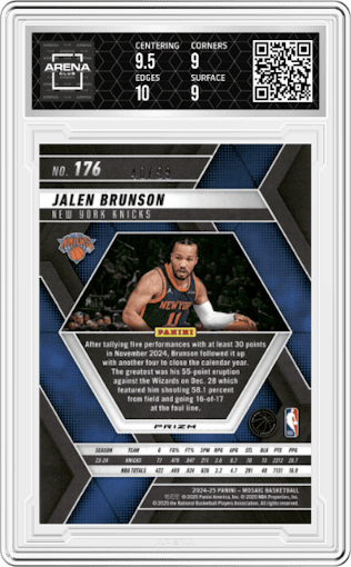 Jalen Brunson from the 2024-25 Panini Mosaic set featuring a Purple Mosaic  parallel graded by Arena Club and given an overall grade of 9.5.