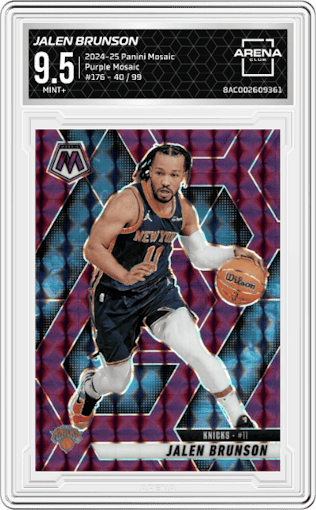 Jalen Brunson from the 2024-25 Panini Mosaic set featuring a Purple Mosaic  parallel graded by Arena Club and given an overall grade of 9.5.