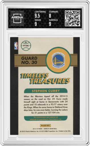 Stephen Curry from the 2014-15 Panini Donruss  set graded by Arena Club and given an overall grade of 8.5.