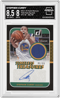 Stephen Curry from the 2014-15 Panini Donruss  set graded by Arena Club and given an overall grade of 8.5.