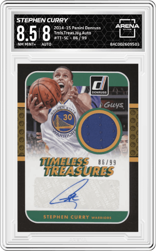 Stephen Curry from the 2014-15 Panini Donruss  set graded by Arena Club and given an overall grade of 8.5.