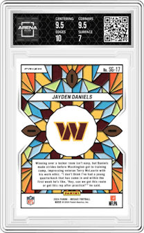 Jayden Daniels from the 2024 Panini Mosaic set graded by Arena Club and given an overall grade of 7.5.