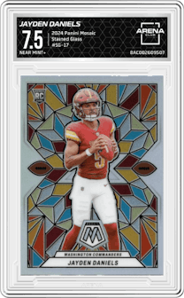 Jayden Daniels from the 2024 Panini Mosaic set graded by Arena Club and given an overall grade of 7.5.