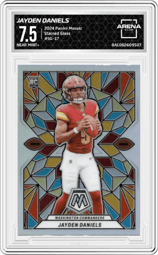 Jayden Daniels from the 2024 Panini Mosaic set graded by Arena Club and given an overall grade of 7.5.