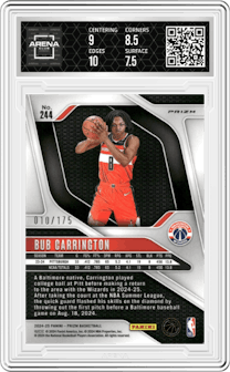 Bub Carrington from the 2024-25 Panini Prizm set featuring a White Prizm parallel graded by Arena Club and given an overall grade of 8.