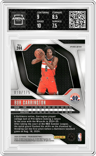 Bub Carrington from the 2024-25 Panini Prizm set featuring a White Prizm parallel graded by Arena Club and given an overall grade of 8.