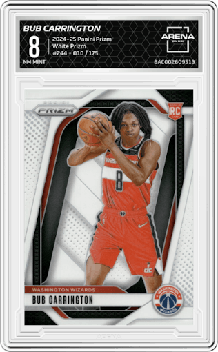 Bub Carrington from the 2024-25 Panini Prizm set featuring a White Prizm parallel graded by Arena Club and given an overall grade of 8.