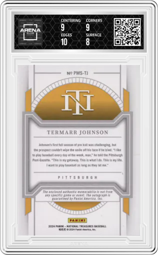 Termarr Johnson from the 2024 Panini National Treasures set featuring a Gold parallel graded by Arena Club and given an overall grade of 8.5.