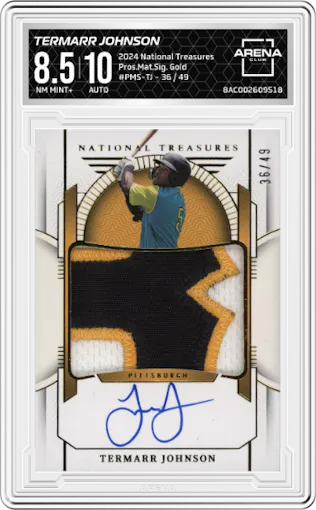 Termarr Johnson from the 2024 Panini National Treasures set featuring a Gold parallel graded by Arena Club and given an overall grade of 8.5.