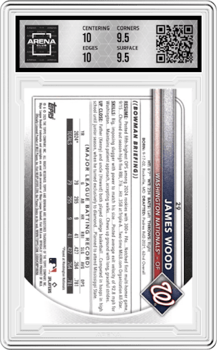James Wood from the 2025 Bowman set graded by Arena Club and given an overall grade of 10.