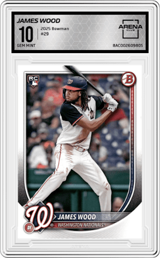 James Wood from the 2025 Bowman set graded by Arena Club and given an overall grade of 10.