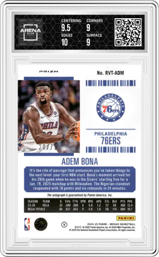 Adem Bona from the 2024-25 Panini Mosaic set featuring a Bronze parallel graded by Arena Club and given an overall grade of 9.5.