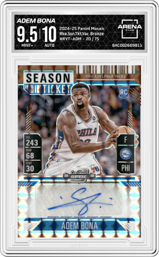 Adem Bona from the 2024-25 Panini Mosaic set featuring a Bronze parallel graded by Arena Club and given an overall grade of 9.5.