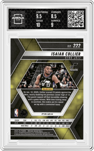 Isaiah Collier from the 2024-25 Panini Mosaic set featuring a Silver parallel graded by Arena Club and given an overall grade of 9.