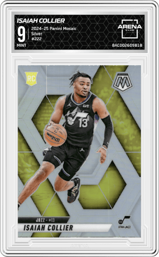 Isaiah Collier from the 2024-25 Panini Mosaic set featuring a Silver parallel graded by Arena Club and given an overall grade of 9.