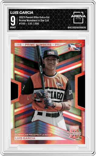 Luis Garcia from the 2023 Panini Elite Extra Edition set featuring a Prime Numbers A Die Cut parallel graded by Arena Club and given an overall grade of 9.