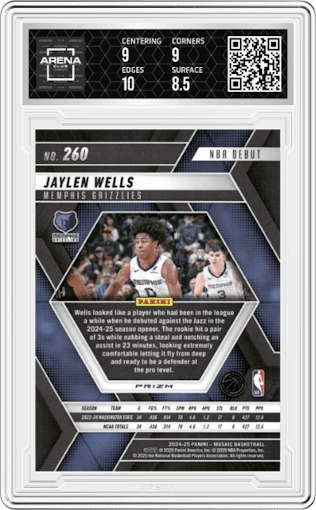 Jaylen Wells from the 2024-25 Panini Mosaic set featuring a Premium parallel graded by Arena Club and given an overall grade of 9.