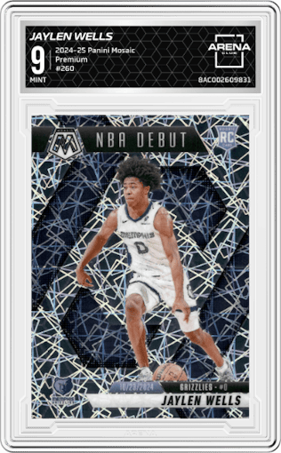 Jaylen Wells from the 2024-25 Panini Mosaic set featuring a Premium parallel graded by Arena Club and given an overall grade of 9.