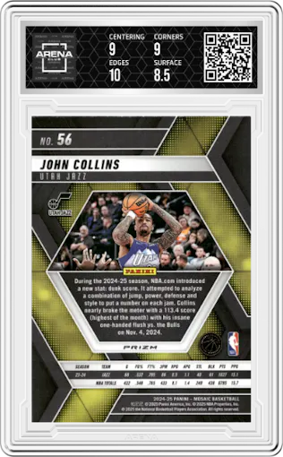 John Collins from the 2024-25 Panini Mosaic set featuring a Silver parallel graded by Arena Club and given an overall grade of 9.