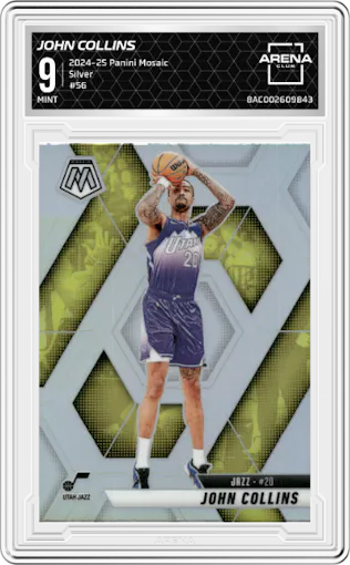 John Collins from the 2024-25 Panini Mosaic set featuring a Silver parallel graded by Arena Club and given an overall grade of 9.