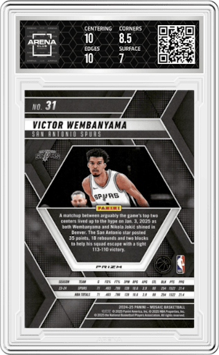 Victor Wembanyama from the 2024-25 Panini Mosaic set featuring a Silver parallel graded by Arena Club and given an overall grade of 7.5.