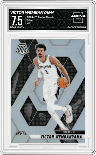 Victor Wembanyama from the 2024-25 Panini Mosaic set featuring a Silver parallel graded by Arena Club and given an overall grade of 7.5.