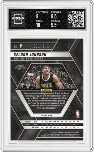 Keldon Johnson from the 2024-25 Panini Mosaic set featuring a Orange Mosaic parallel graded by Arena Club and given an overall grade of 9.