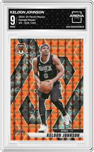 Keldon Johnson from the 2024-25 Panini Mosaic set featuring a Orange Mosaic parallel graded by Arena Club and given an overall grade of 9.