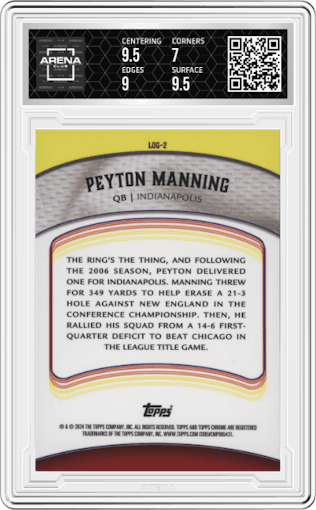 Peyton Manning from the 2024 Topps Chrome set graded by Arena Club and given an overall grade of 7.5.