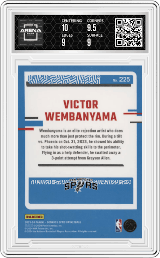 Victor Wembanyama from the 2023-24 Donruss Optic set graded by Arena Club and given an overall grade of 9.5.