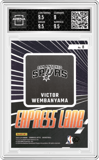 Victor Wembanyama from the 2023-24 Donruss Optic set graded by Arena Club and given an overall grade of 9.5.