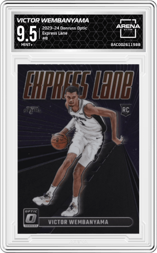Victor Wembanyama from the 2023-24 Donruss Optic set graded by Arena Club and given an overall grade of 9.5.