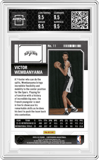 Victor Wembanyama  from the 2023-24 Panini Contenders set graded by Arena Club and given an overall grade of 9.5.