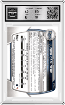 Junior Caminero from the 2023 Bowman  set featuring a Lunar Glow Refractor  parallel graded by Arena Club and given an overall grade of 10.