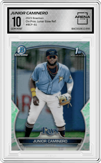 Junior Caminero from the 2023 Bowman  set featuring a Lunar Glow Refractor  parallel graded by Arena Club and given an overall grade of 10.
