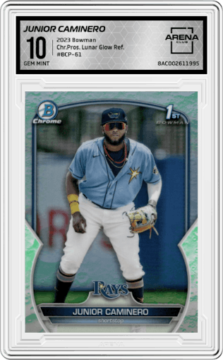 Junior Caminero from the 2023 Bowman  set featuring a Lunar Glow Refractor  parallel graded by Arena Club and given an overall grade of 10.